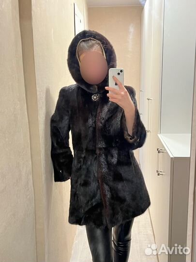 Шуба коричневая норковая с капюшоном 80см