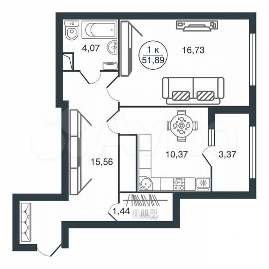 1-к. квартира, 51,9 м², 16/17 эт.