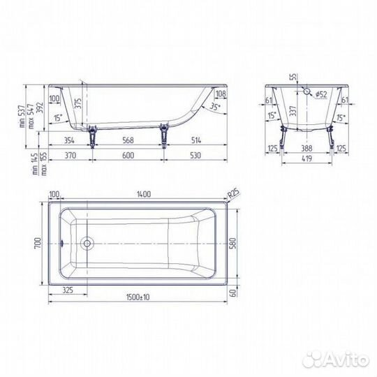 Ванна чугунная Delice Parallel 150x70 с антискольз