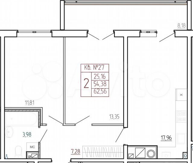 2-к. квартира, 62,6 м², 7/9 эт.