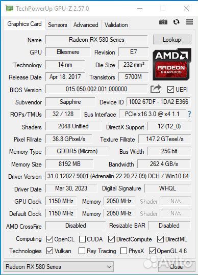 Видеокарта Sapphire RX 580 8Gb 2048SP