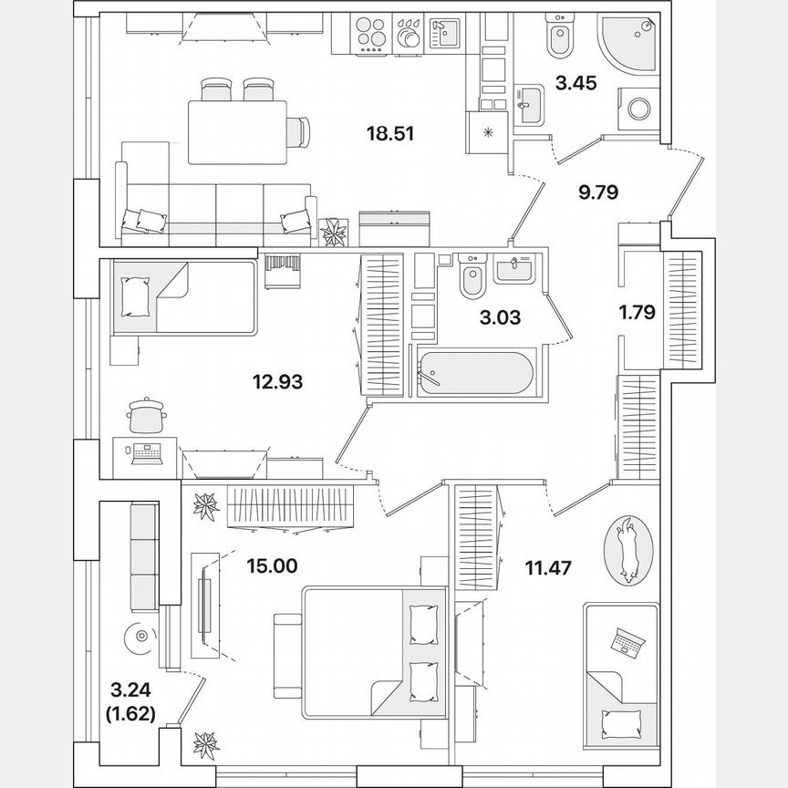3-к. квартира, 77,6 м², 12/12 эт.