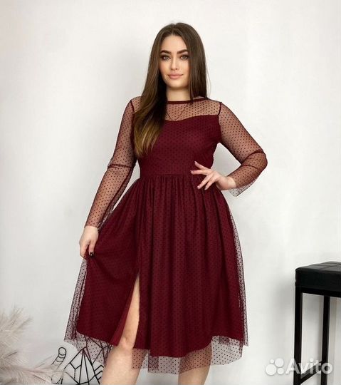 Новое бордовое платье миди в горошек