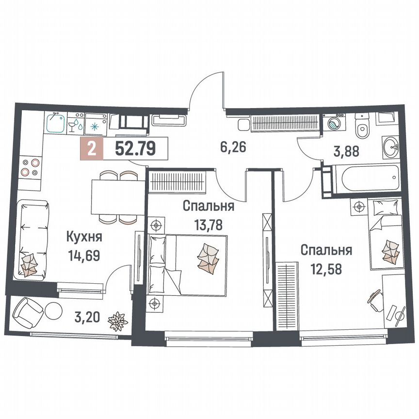 2-к. квартира, 52,8 м², 8/18 эт.