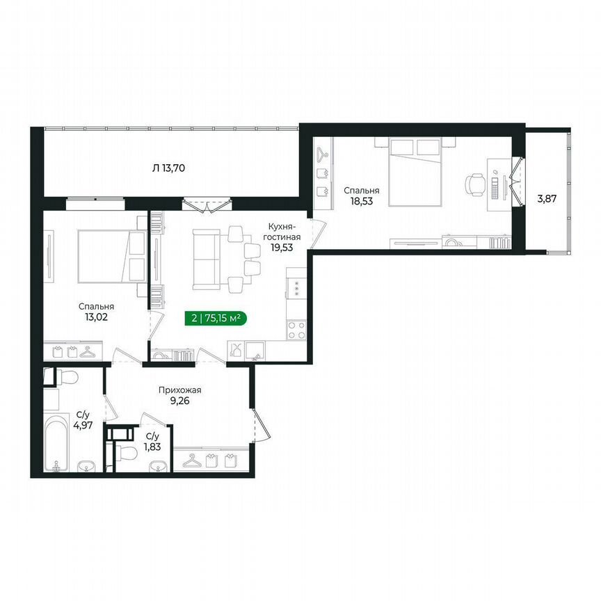 2-к. квартира, 75,2 м², 5/8 эт.