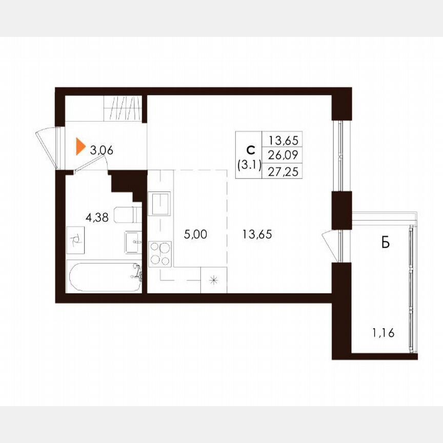 Квартира-студия, 27,3 м², 2/4 эт.