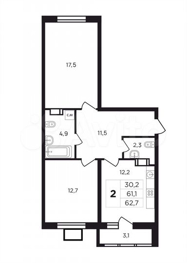 2-к. квартира, 64,2 м², 6/9 эт.