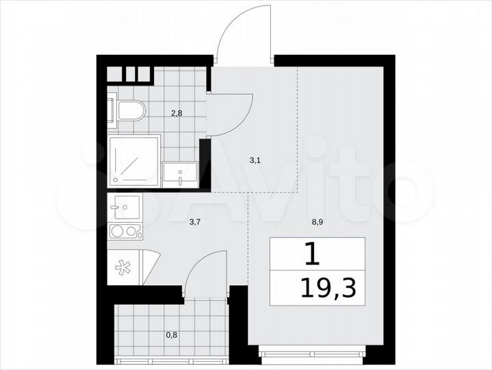 Квартира-студия, 19,3 м², 7/15 эт.