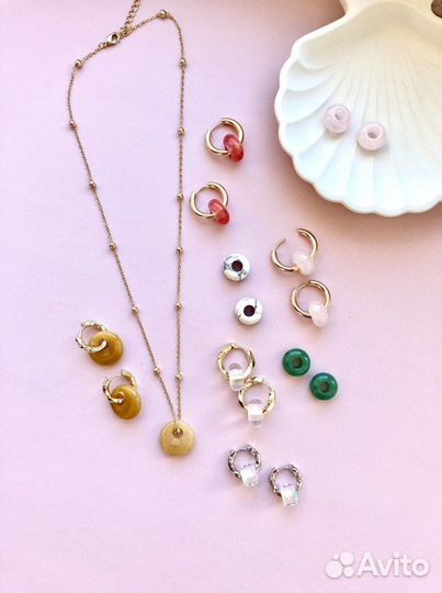 Серьги бублики трансформеры с натуральными камнями