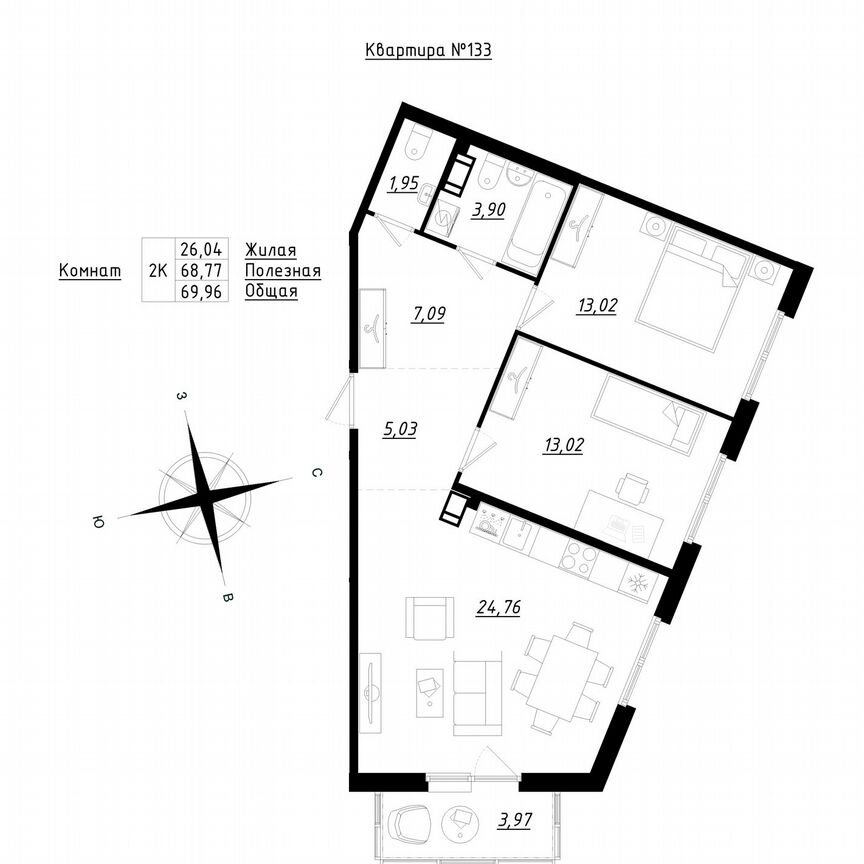 2-к. квартира, 70 м², 3/5 эт.