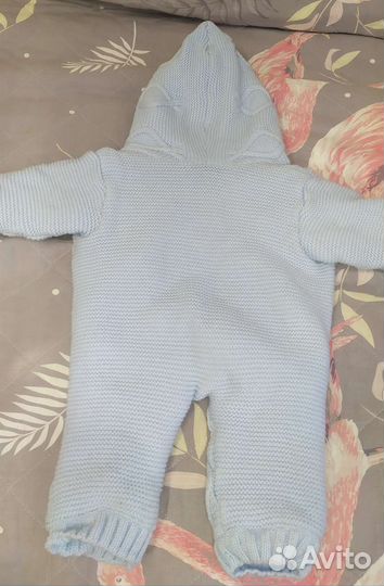 Вязаный комбинезон с мехом 56-62, 2 шапки,пинетки