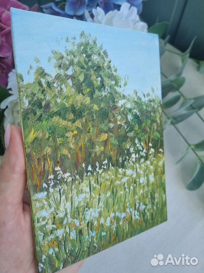 Пейзаж природа Картина маслом с цветами миниатюра