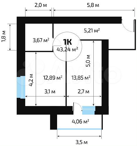 1-к. квартира, 43,6 м², 2/16 эт.