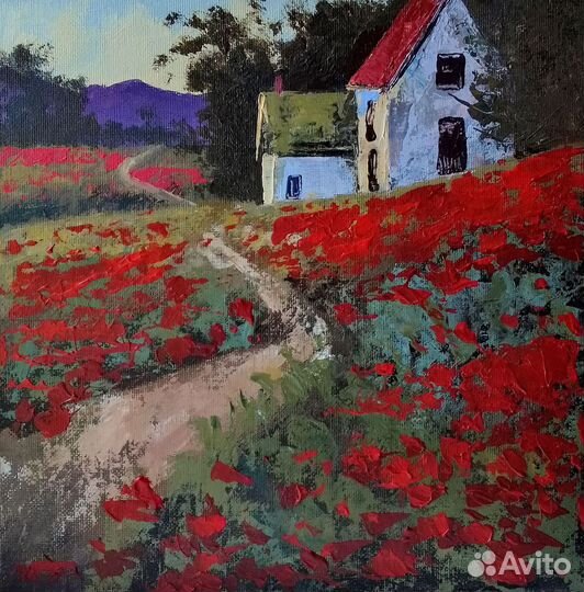 Картина на холсте маковое поле дом на холме