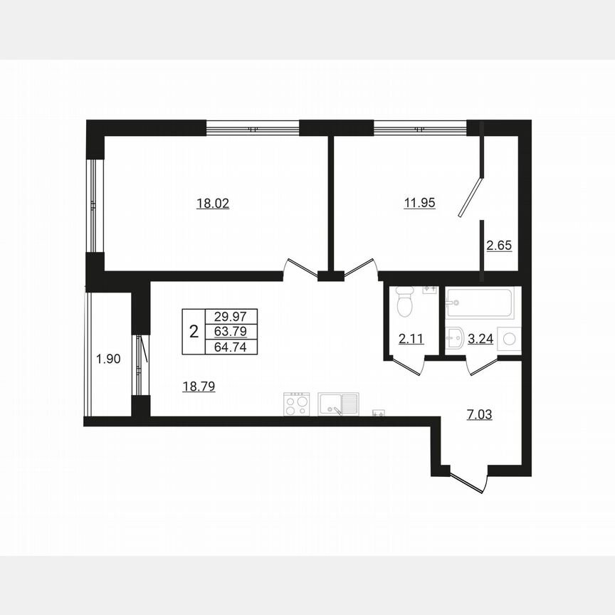 2-к. квартира, 65 м², 1/9 эт.