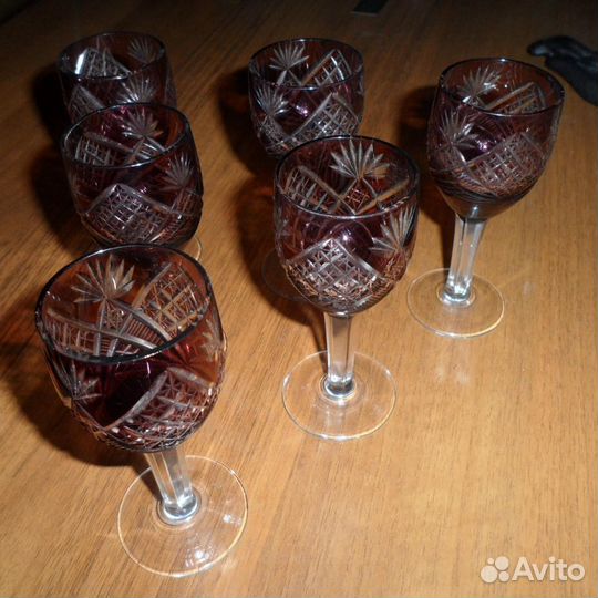 Набор хрустальных рюмок из СССР, 6 штук, цветные