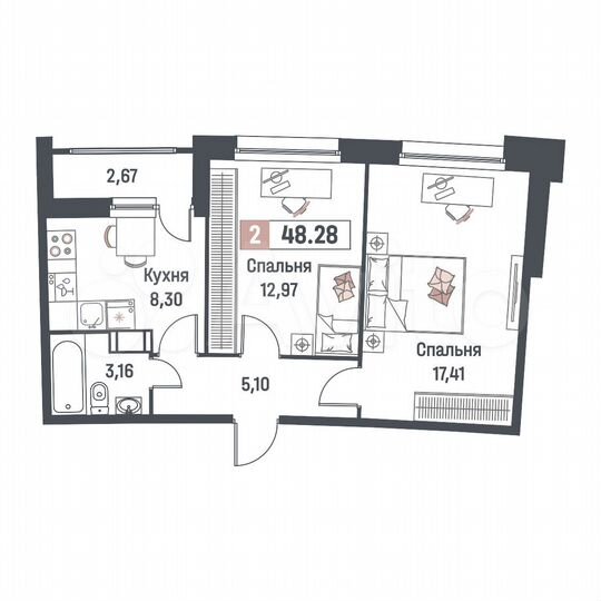 2-к. квартира, 48,3 м², 14/14 эт.