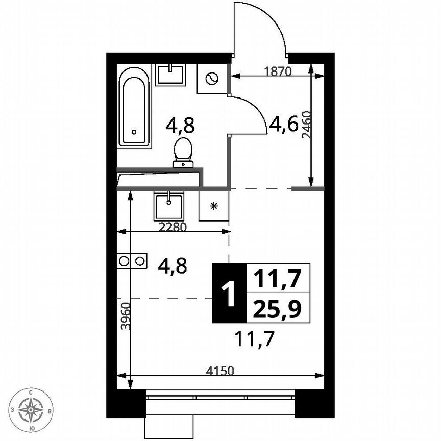 Квартира-студия, 25,9 м², 24/25 эт.