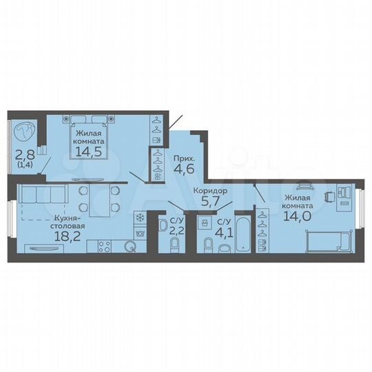 2-к. квартира, 64,7 м², 6/15 эт.