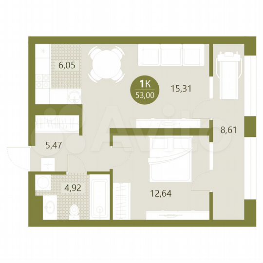 1-к. квартира, 53 м², 7/15 эт.