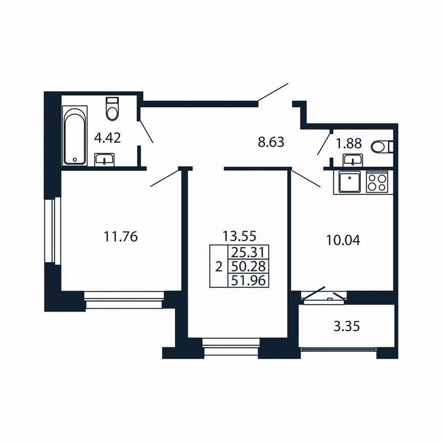 2-к. квартира, 53,6 м², 12/12 эт.