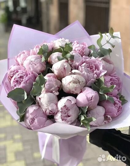 Пионы с эвкалиптом Цветы Букеты