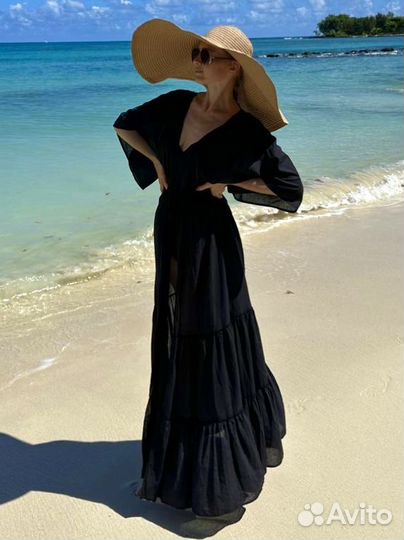 Черная длинная пляжная туника накидка халатик