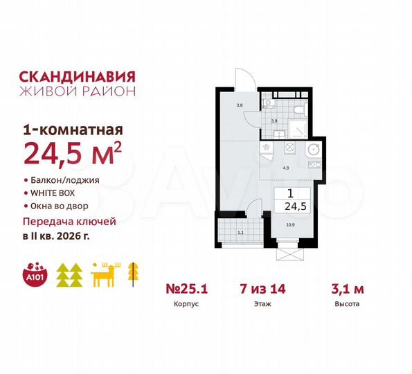 Квартира-студия, 24,5 м², 7/14 эт.