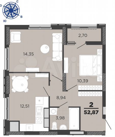 2-к. квартира, 52,9 м², 13/25 эт.