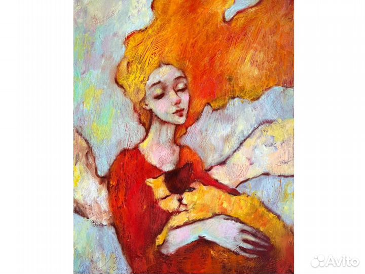 Картина маслом девушка кот ангел в интерьер