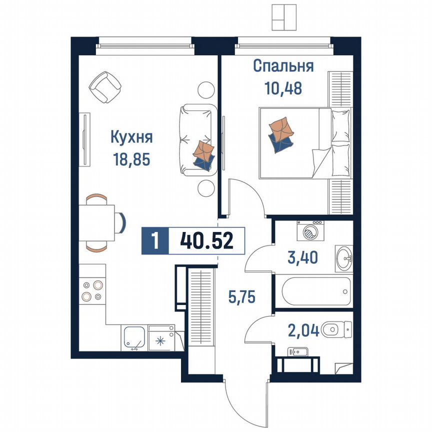 1-к. квартира, 40,5 м², 17/18 эт.