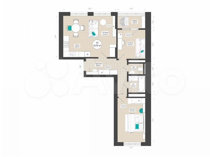 3-к. квартира, 56,9 м², 25/27 эт.