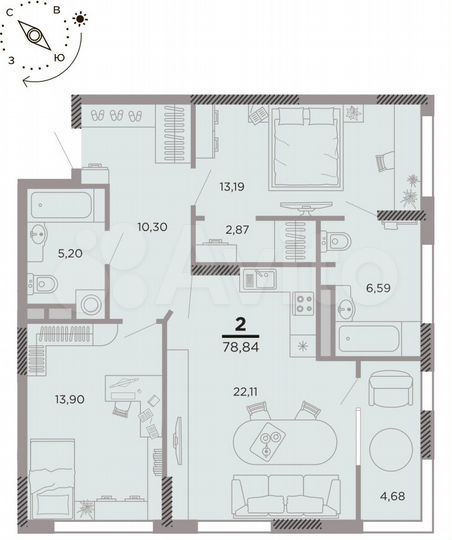 2-к. квартира, 78,8 м², 12/25 эт.