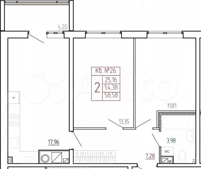 2-к. квартира, 58,6 м², 7/9 эт.