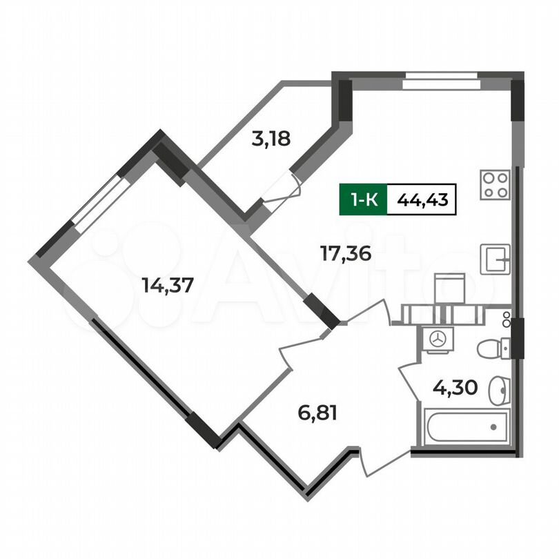 1-к. квартира, 44,4 м², 2/12 эт.