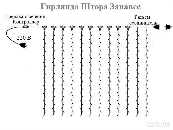 Желтая уличная гирлянда штора 3х2 20 нитей 2 мм