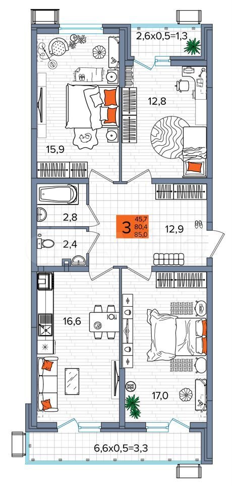 3-к. квартира, 85 м², 2/16 эт.