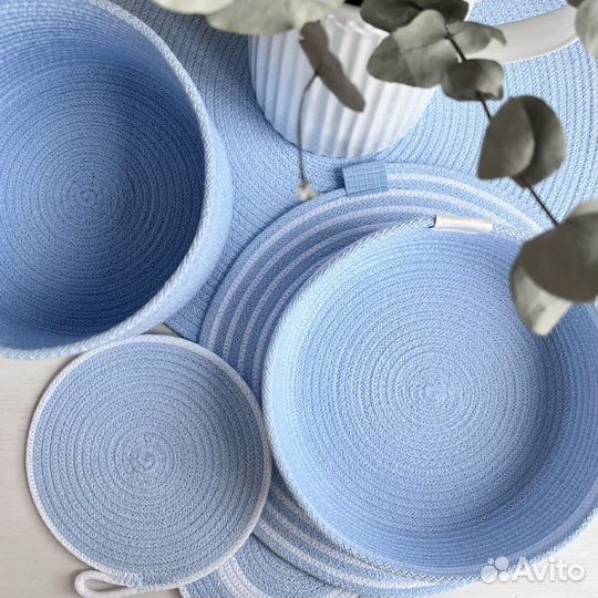 Корзинка и салфетка из хлопкового шнура голубая