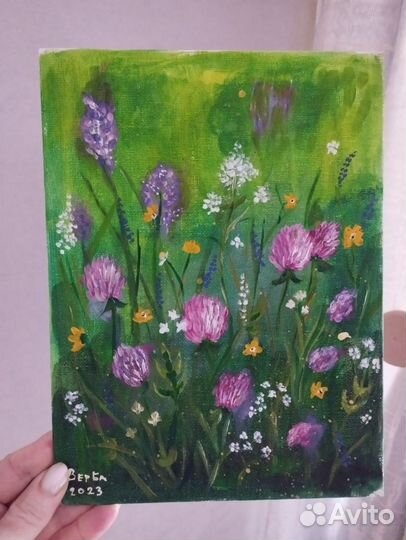 Картина холст картон 18х24 см цветы пейзаж