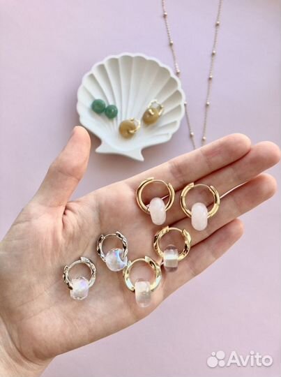 Серьги бублики трансформеры с натуральными камнями