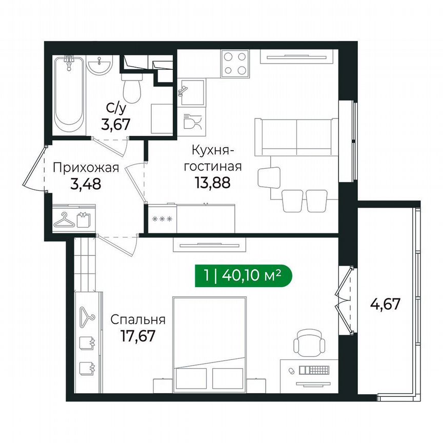 1-к. квартира, 40,1 м², 2/8 эт.