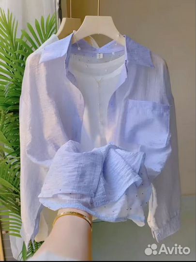 Женская летняя рубашка оверсайз со стразами