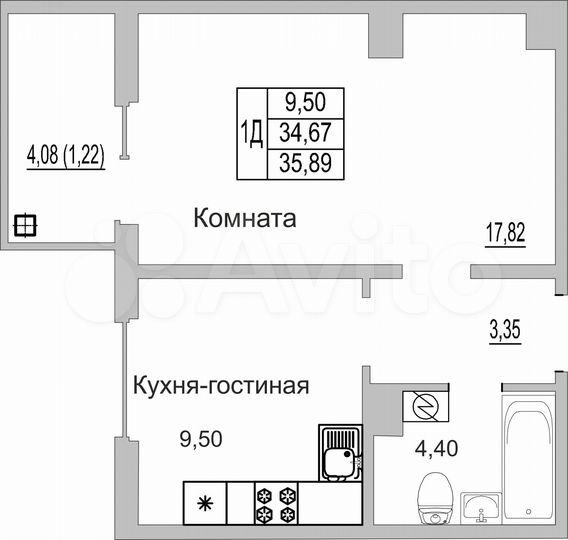 1-к. квартира, 35,4 м², 9/9 эт.