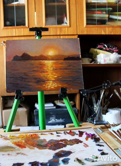 Картина маслом морской пейзаж Закат над Карадагом