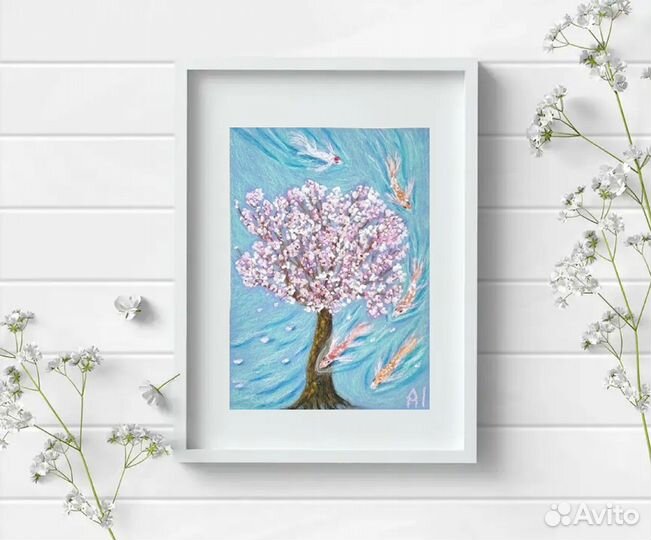 Картина пастелью на бумаге Сакура и рыбки