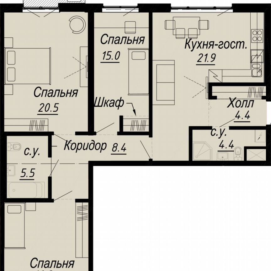 2-к. квартира, 98,4 м², 7/8 эт.