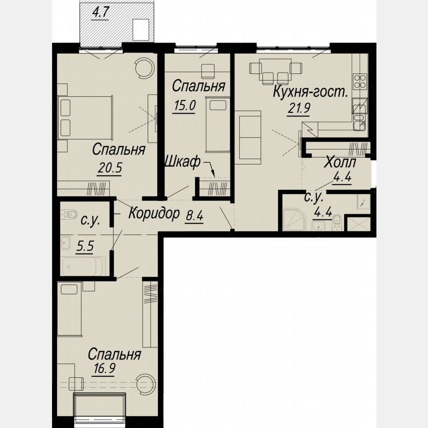 2-к. квартира, 98,4 м², 7/8 эт.