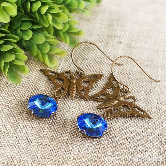 Серьги Бабочки Синие Кристаллы Сваровски Ультрамар