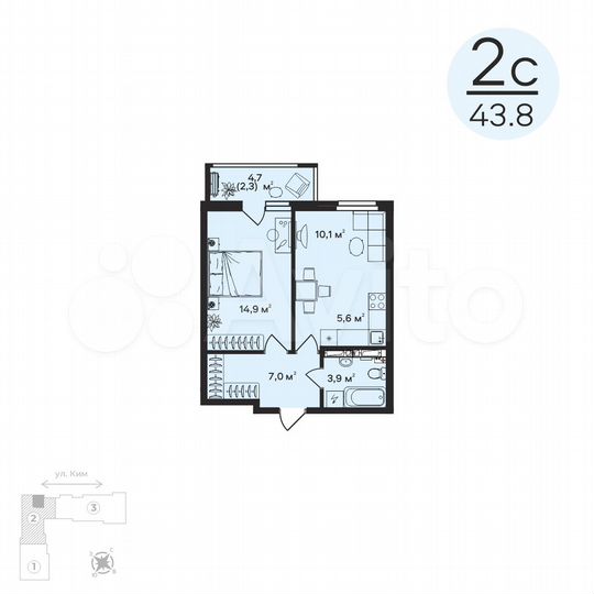 2-к. квартира, 43,8 м², 7/12 эт.