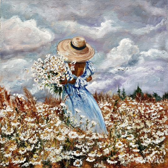 Картина маслом Девушка с ромашками 40х40 см